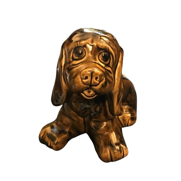 Ceramic Sitting Hound Dog Puppy Planter 6"x8" Brown Vintage Kitschy Big Eyes - Picture 4 of 13
